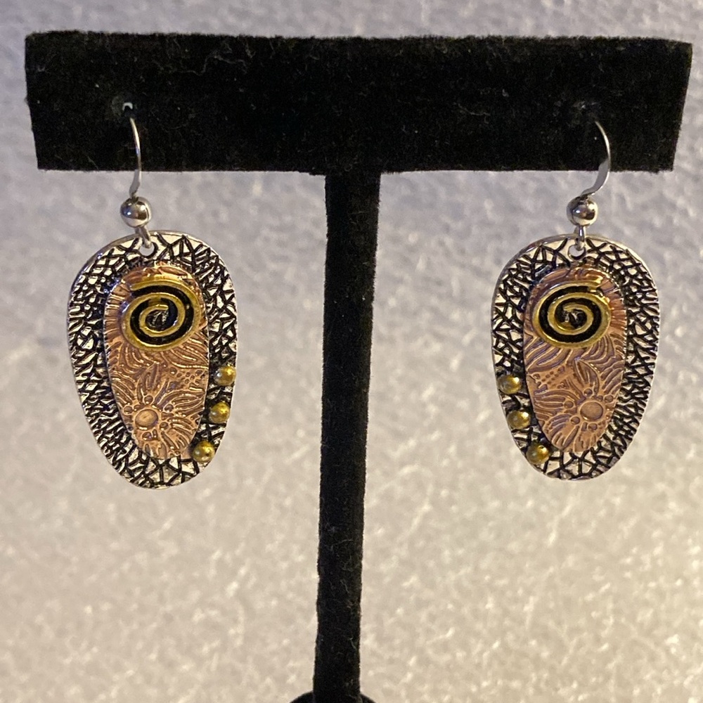 NWOT - Unique Spiral Zinc Alloy & Copper Oval French Hook Drop Pierced Earrings